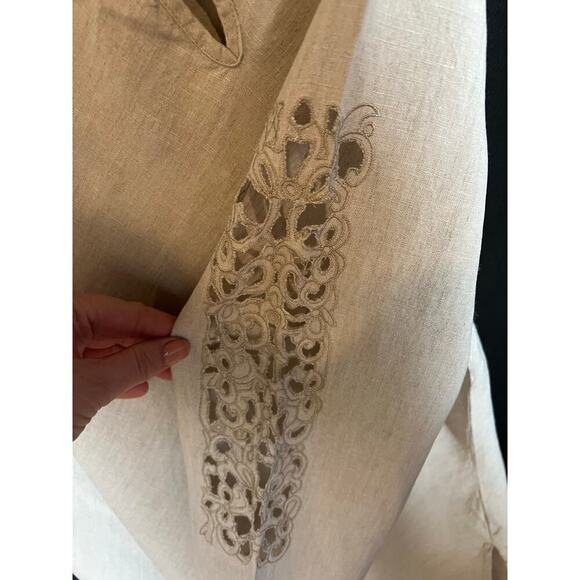 Edward Irish Linen Tunic, Large, 3/4 sleeve, cutout sleeve detail, cream color - Picture 5 of 10